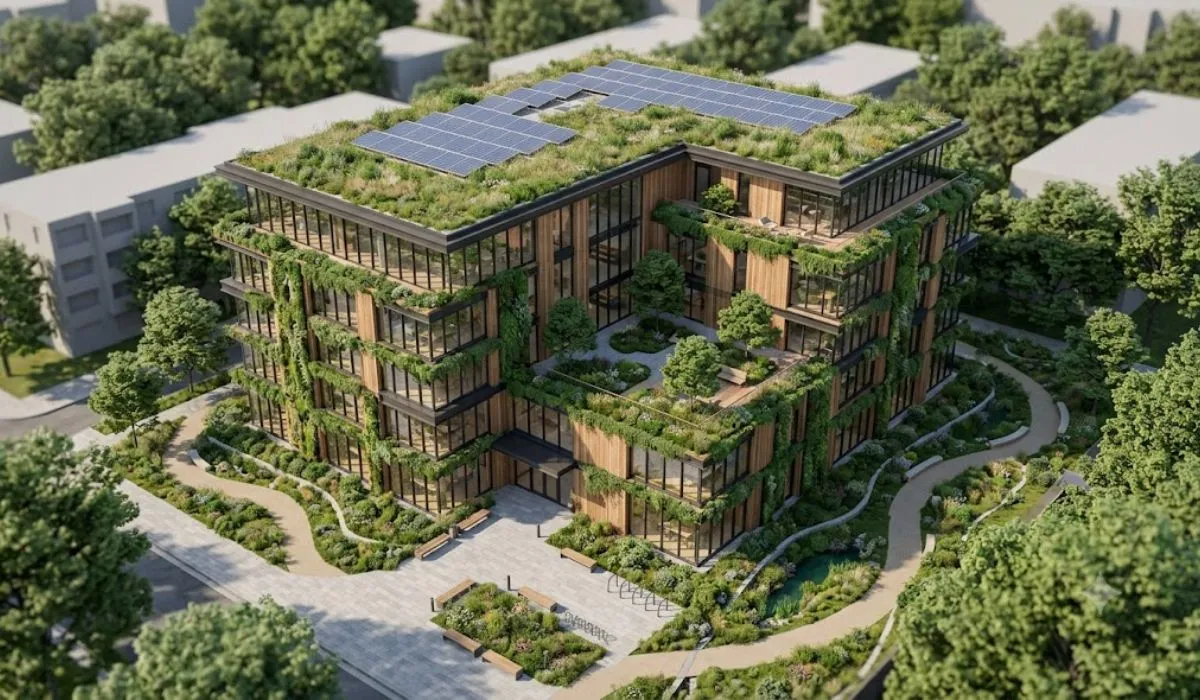 Modern green architecture featuring a sustainable commercial building with vertical gardens, green roofs, rooftop solar panels, timber façades, and eco-friendly design.