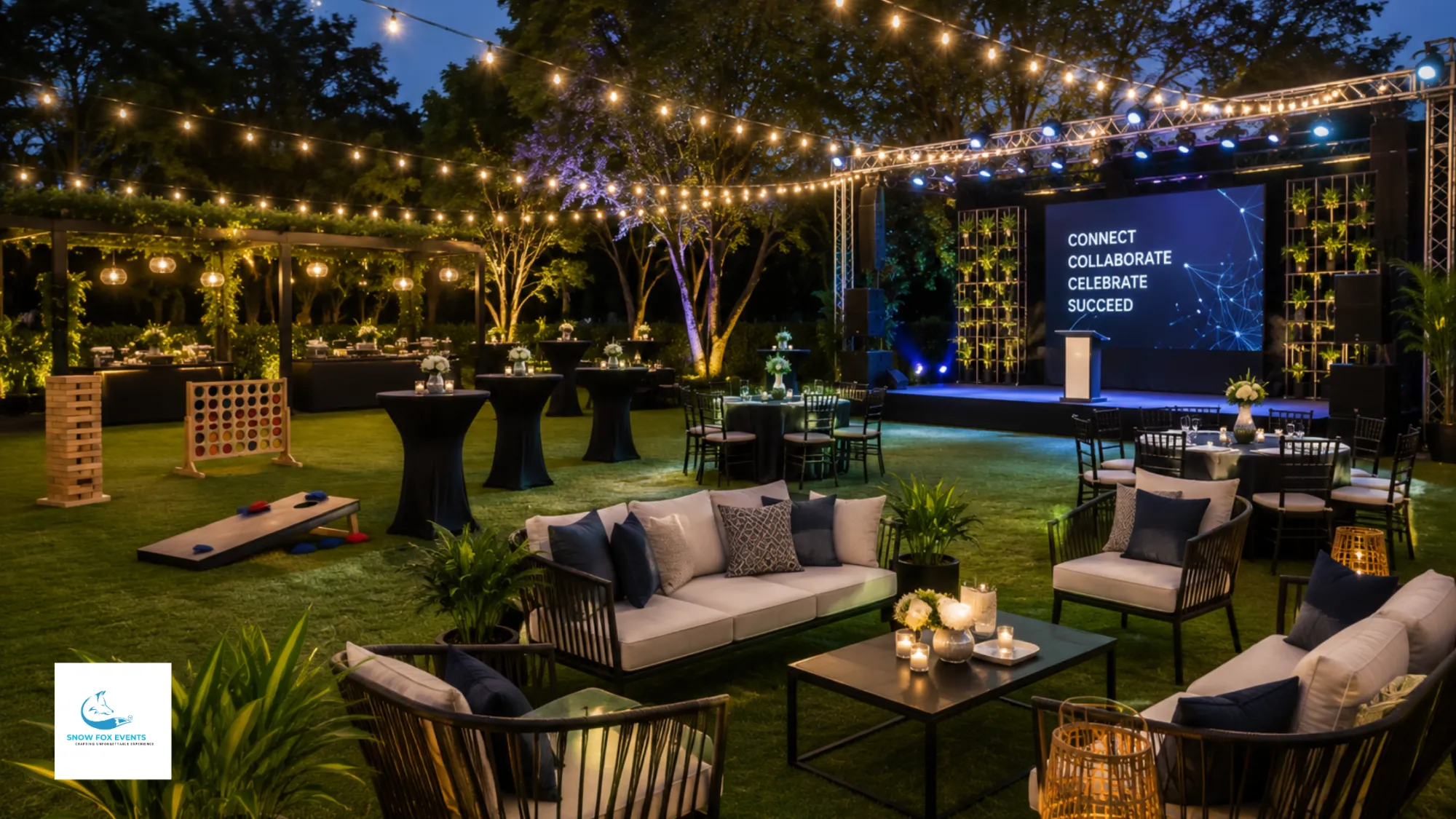 Luxury outdoor corporate offsites setup featuring a professional stage, premium lounge seating, networking area, lawn games, and ambient lighting at a resort venue.