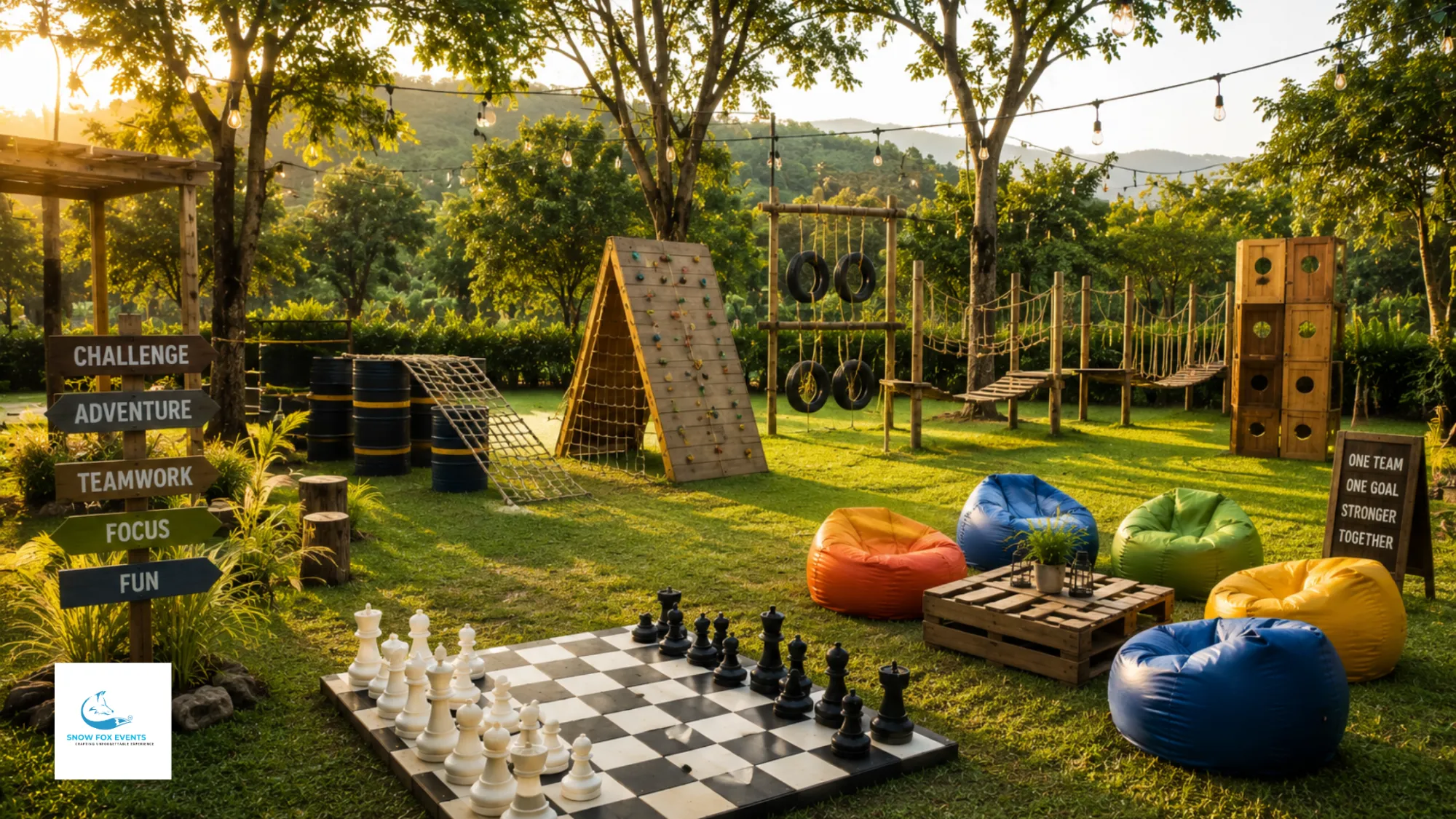 Outdoor corporate offsites adventure zone featuring obstacle courses, rope challenges, lawn games, giant chess, relaxation lounges, and team-building activities at a premium resort.