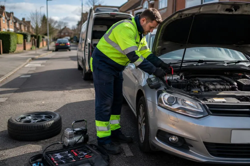 UK roadside assistance technician diagnosing a flat battery on a modern car with diagnostic equipment, punctured tyre and portable compressor on a residential street in Solihull