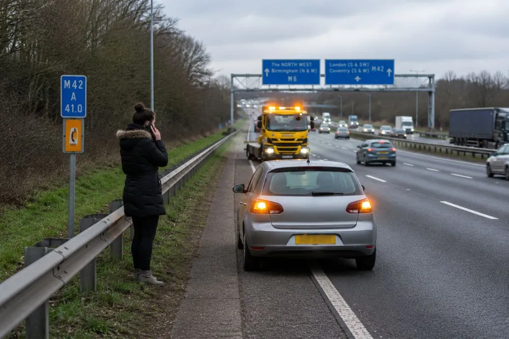 Driver standing safely behind the motorway safety barrier after a vehicle breakdown on the M42 near Solihull as a flatbed recovery truck arrives with flashing amber lights