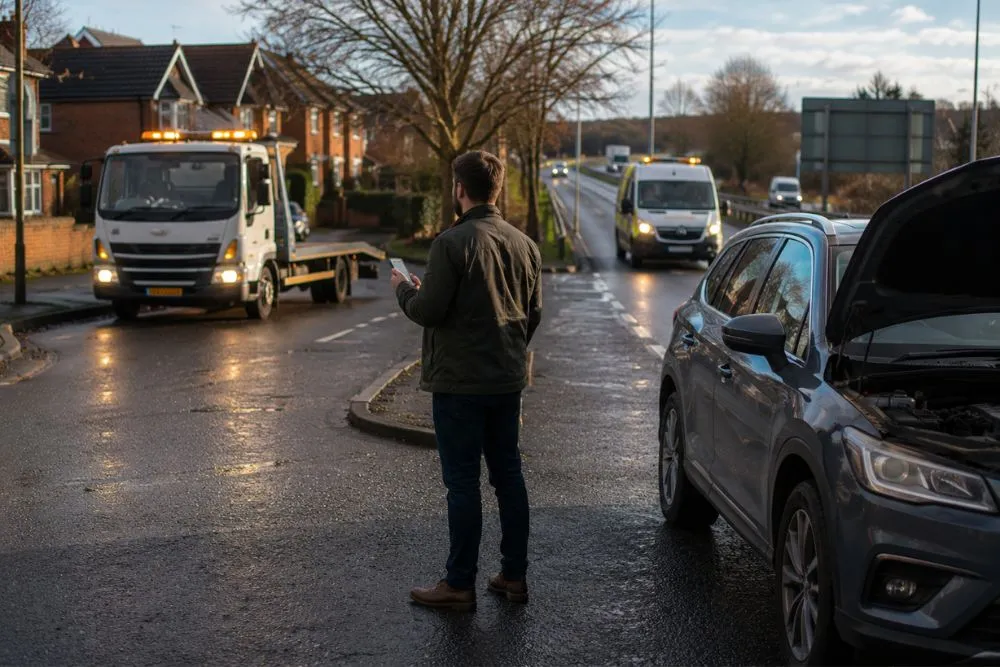 Stranded driver comparing a local flatbed recovery truck and a nationwide roadside assistance patrol van after a vehicle breakdown in Solihull, UK