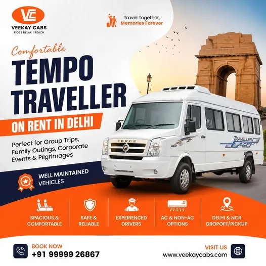 Tempo Traveller Hire in Delhi for Outstation, Weddings, and Airport Transfers