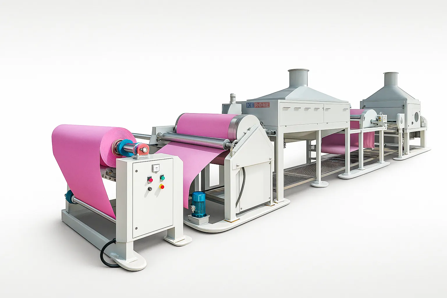 Industrial coating and impregnation line with continuous pink web material, rollers, coating units, and drying chambers.