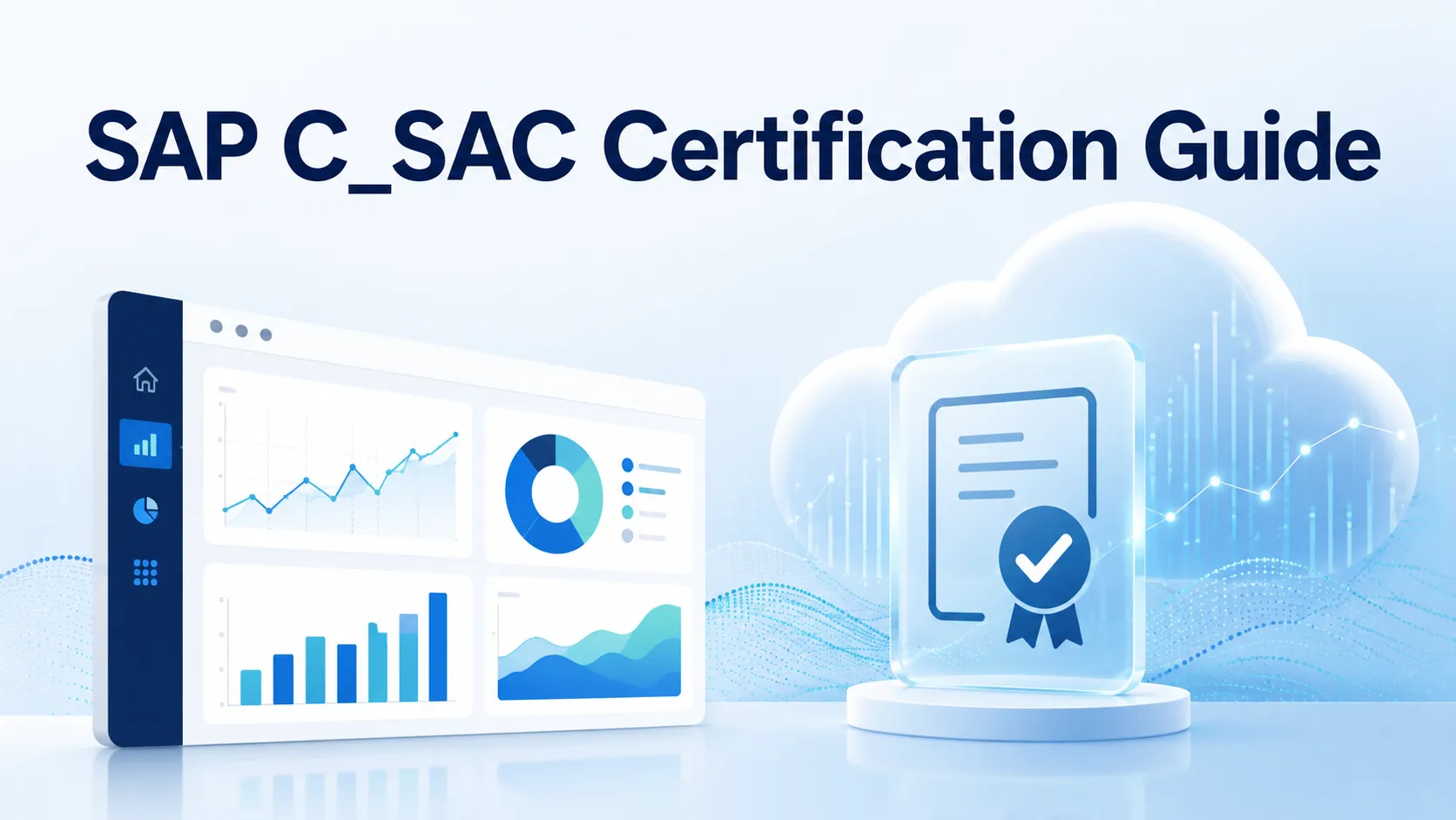 SAP C_SAC certification guide with analytics dashboards, cloud data insights, charts, plus a verified certificate badge.