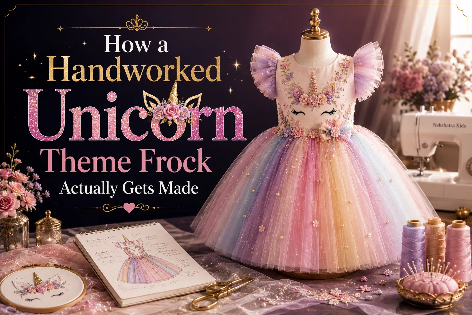 Handworked pastel rainbow unicorn theme frock with 3D floral horn, embroidered mane, and layered tulle skirt on mannequin