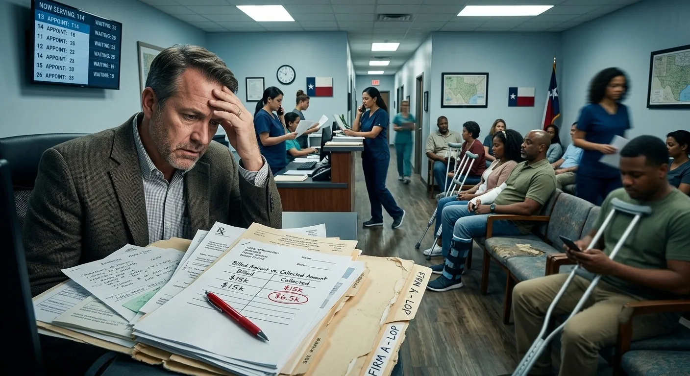 A stressed male clinic administrator sitting at his desk surrounded by medical billing paperwork, with a crowded personal injury waiting room in the background.