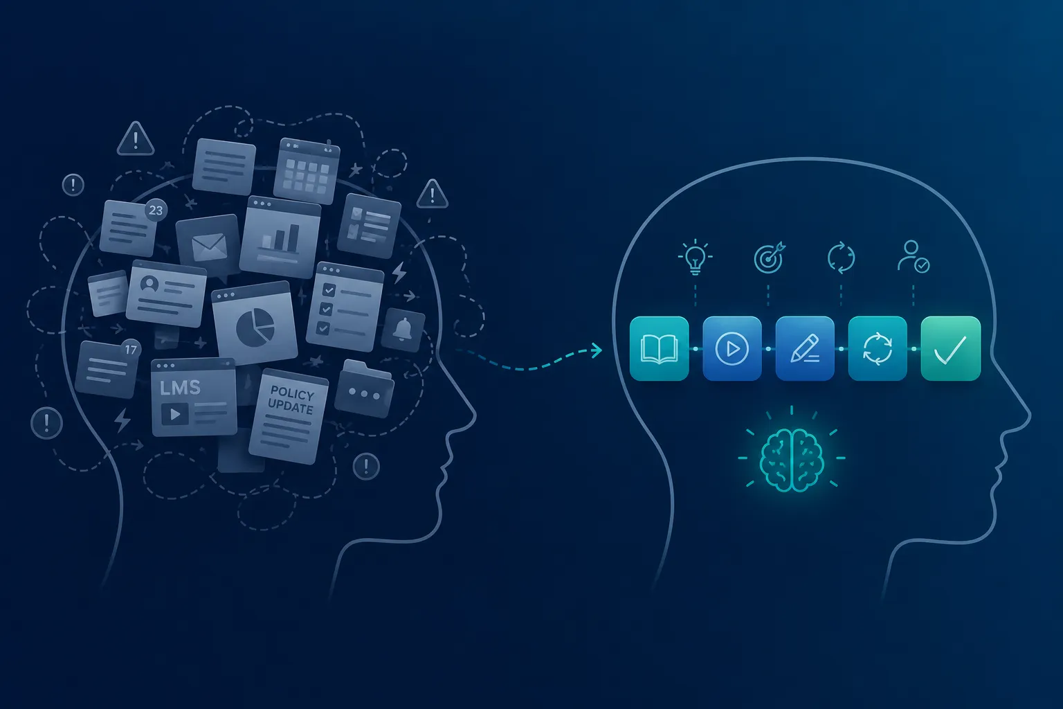 Illustration comparing employee cognitive overload caused by too many training tasks with a structured, chunked learning path that improves knowledge retention.