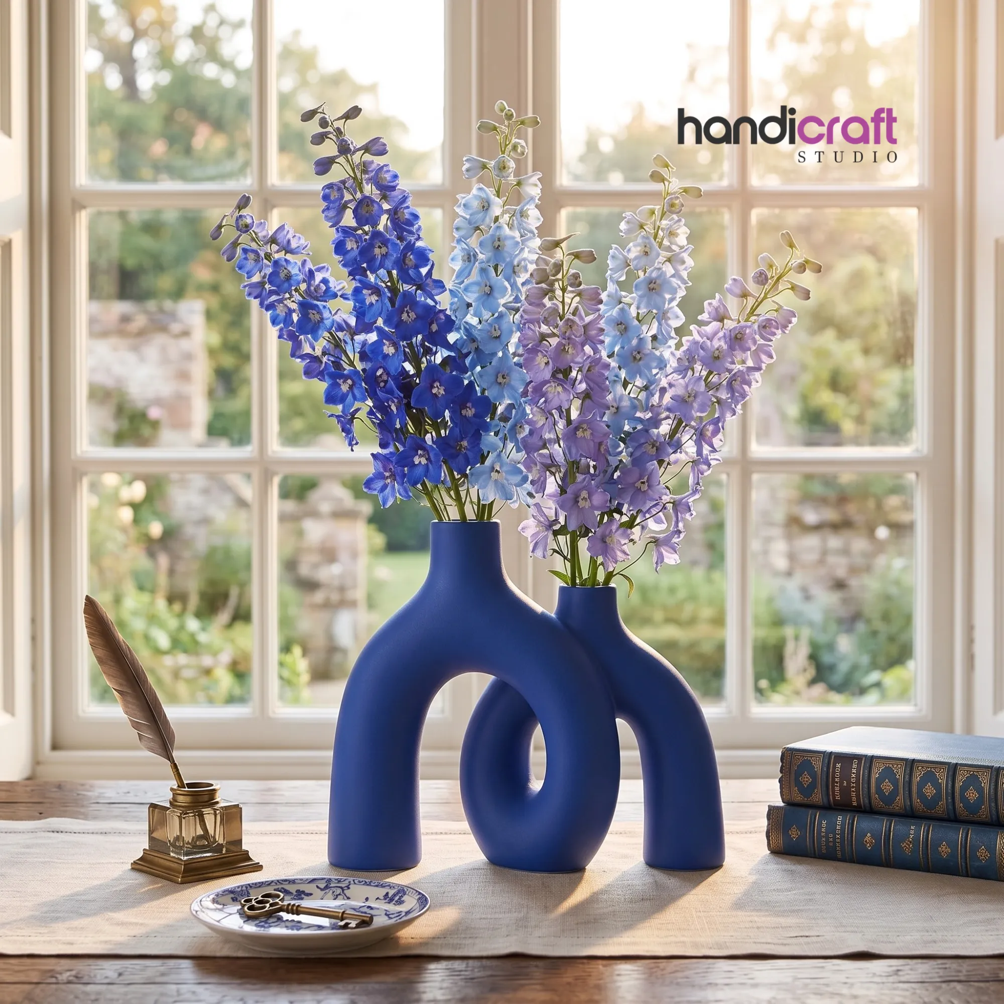 Interlocking blue ceramic hug vase holding tall purple and blue delphinium flowers on a wooden table near a window.