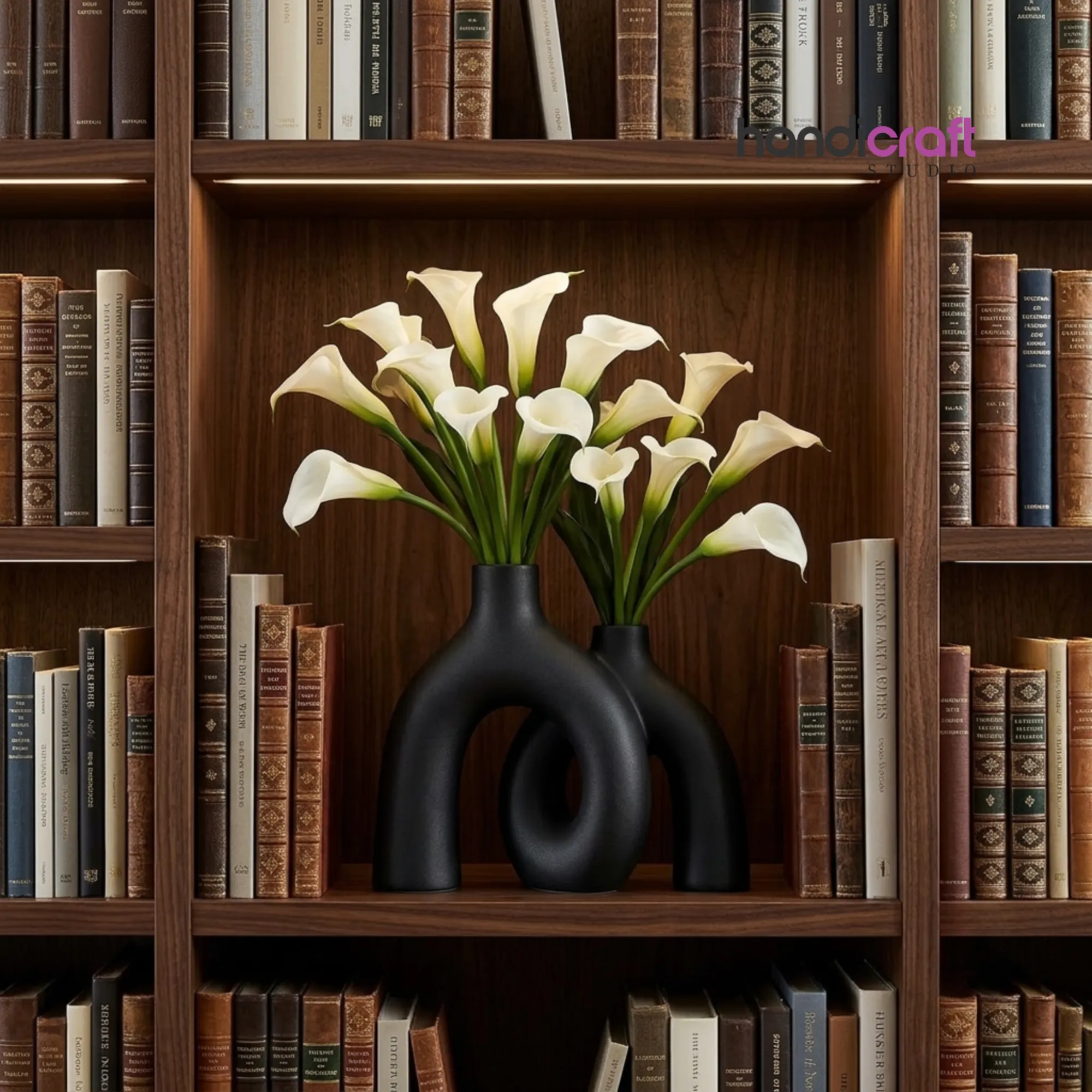 Modern abstract black vase set with a unique hugging loop design used as a decorative centerpiece for living room home decor.