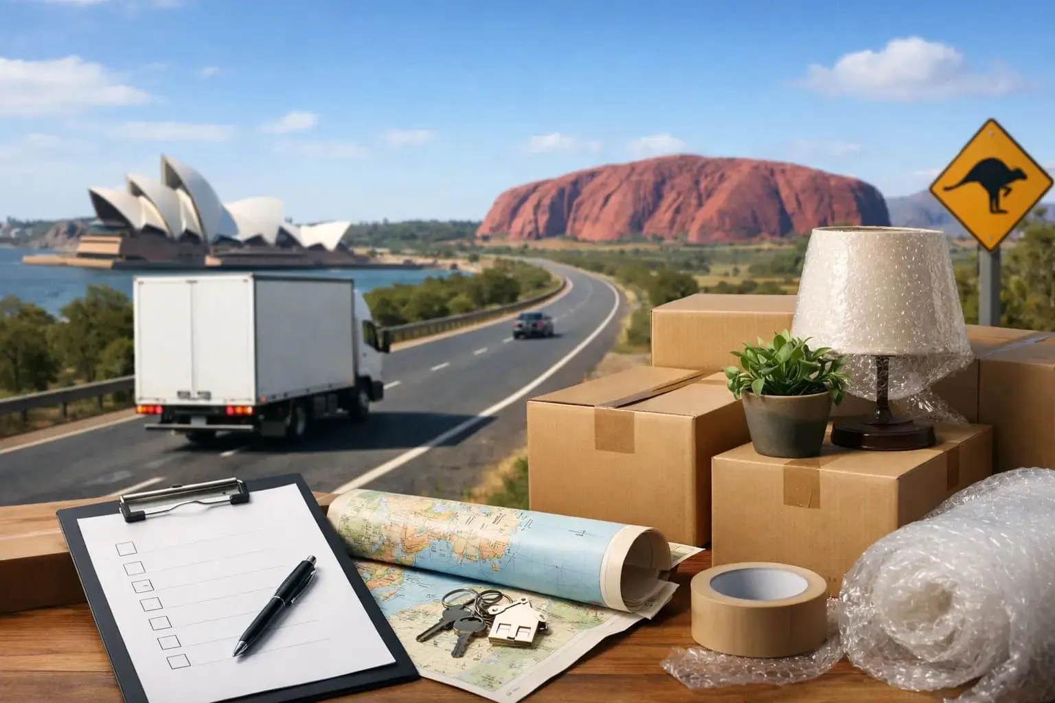 Professional removalist truck on an Australian highway with moving boxes, packing supplies, and iconic Australian landmarks in the background.