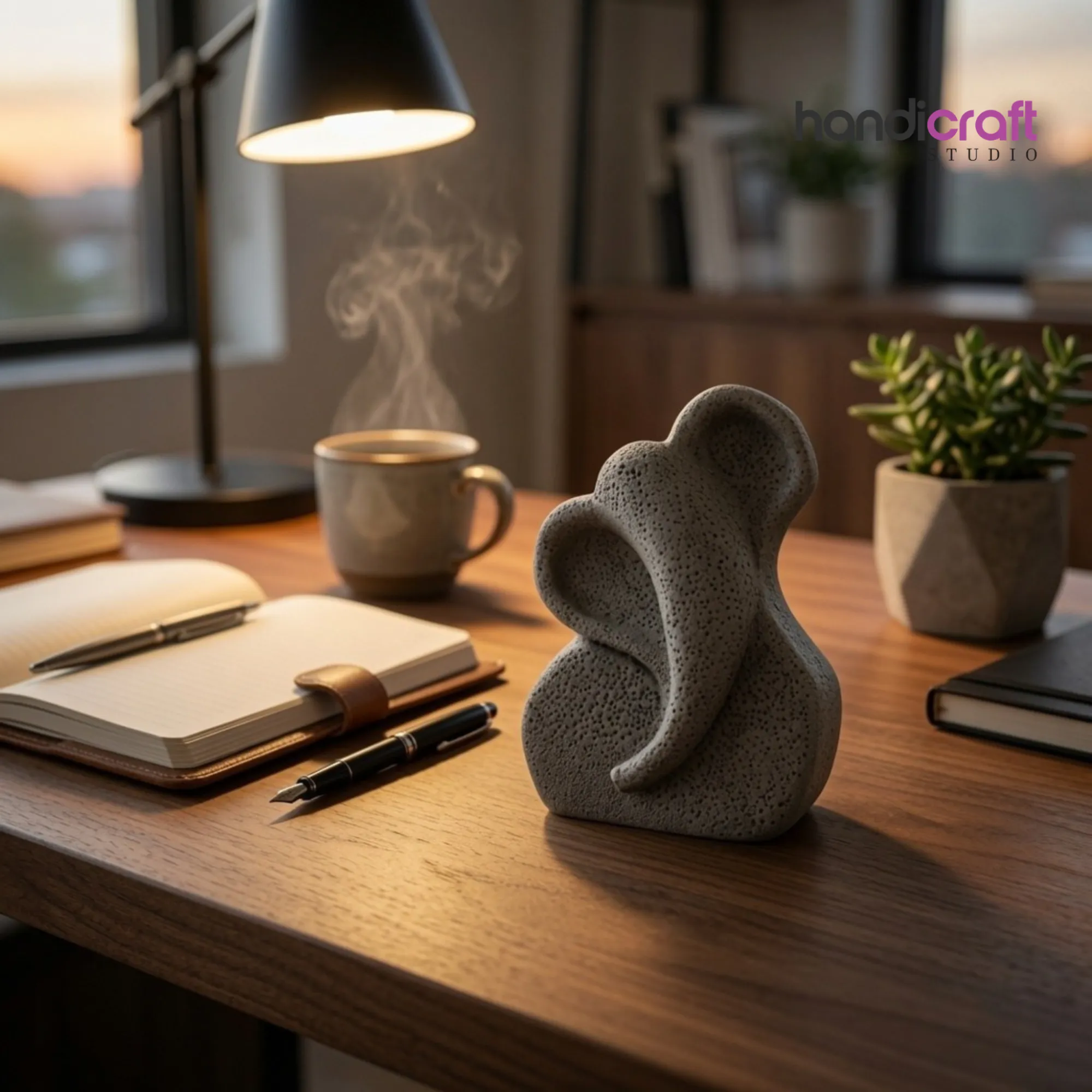 Modern study desk decor featuring an abstract stoneware Ganpati idol beside a fountain pen.