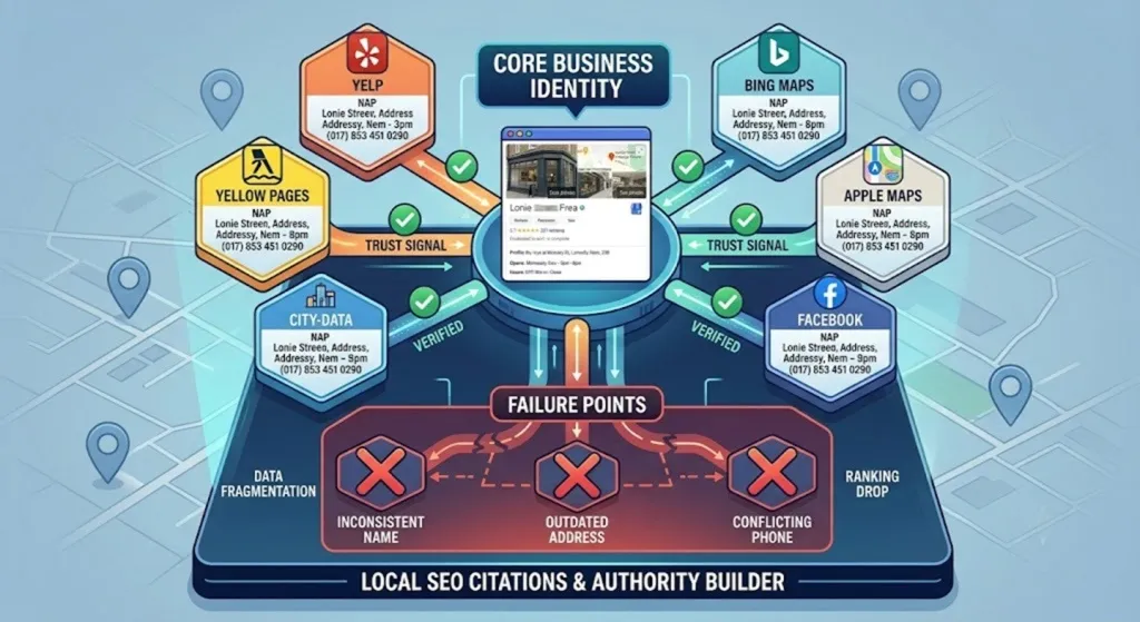 NAP consistency and local citations supporting a Google Maps business SEO strategy