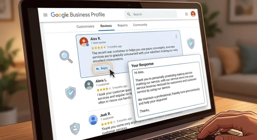 Business owner responding to a customer review as part of ongoing Google My Business management