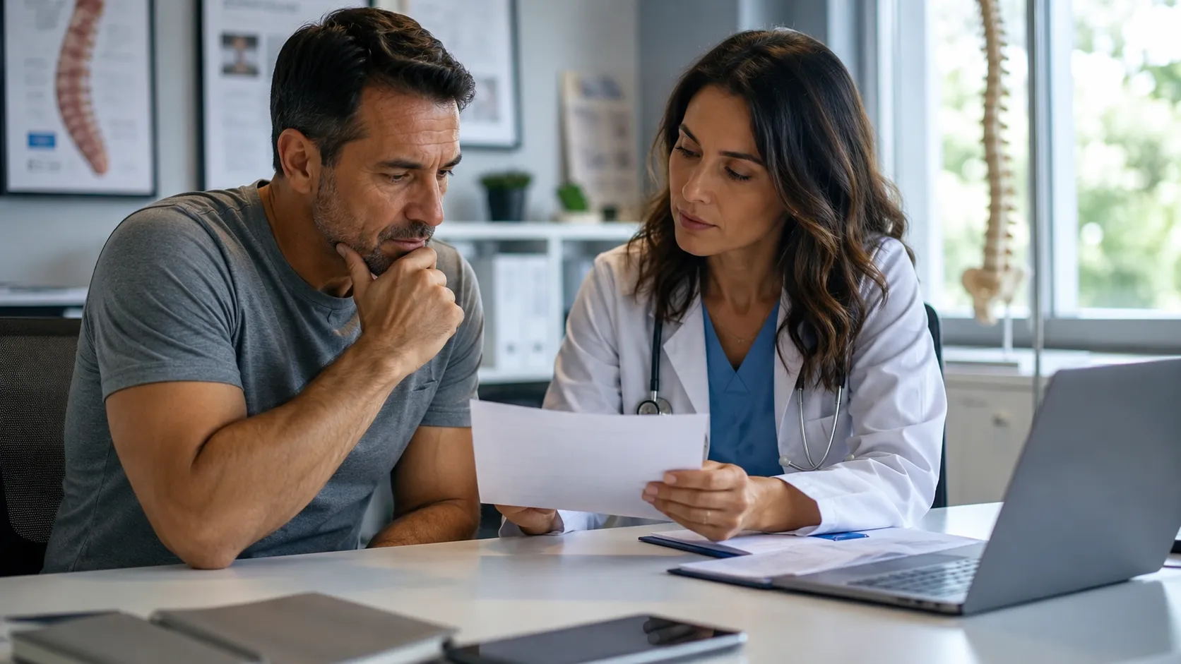 Doctor reviewing a prior authorization denial letter with a chronic pain patient during a medical consultation in Laredo.