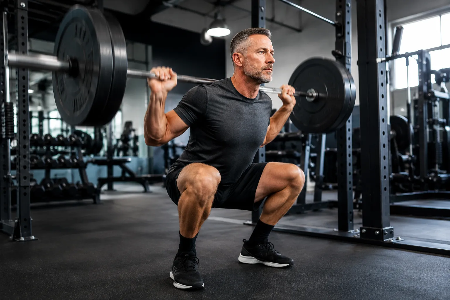 Person doing a barbell squat showing creatine benefits for strength and power