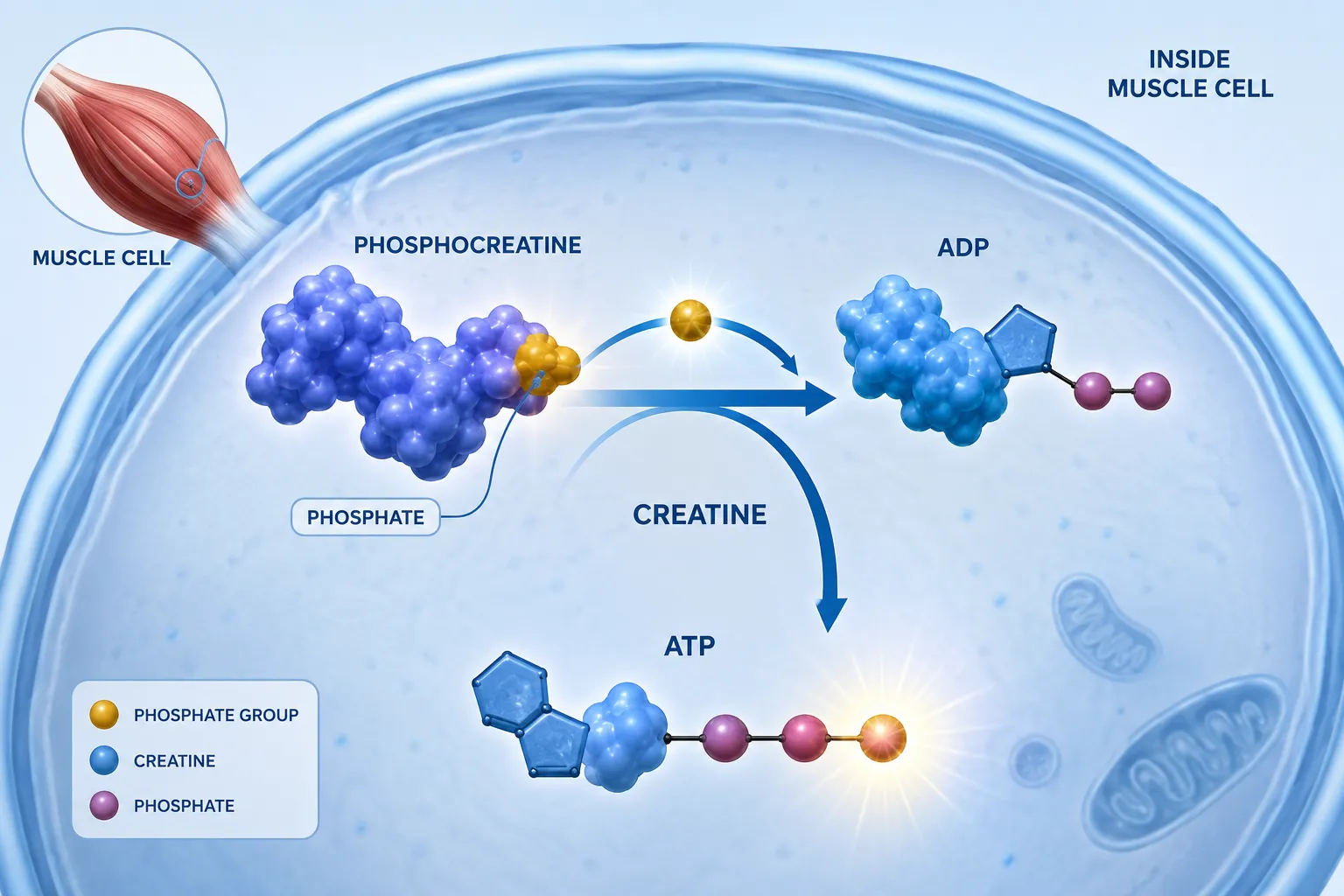  Diagram of how creatine fuels ATP energy production in muscle cell
