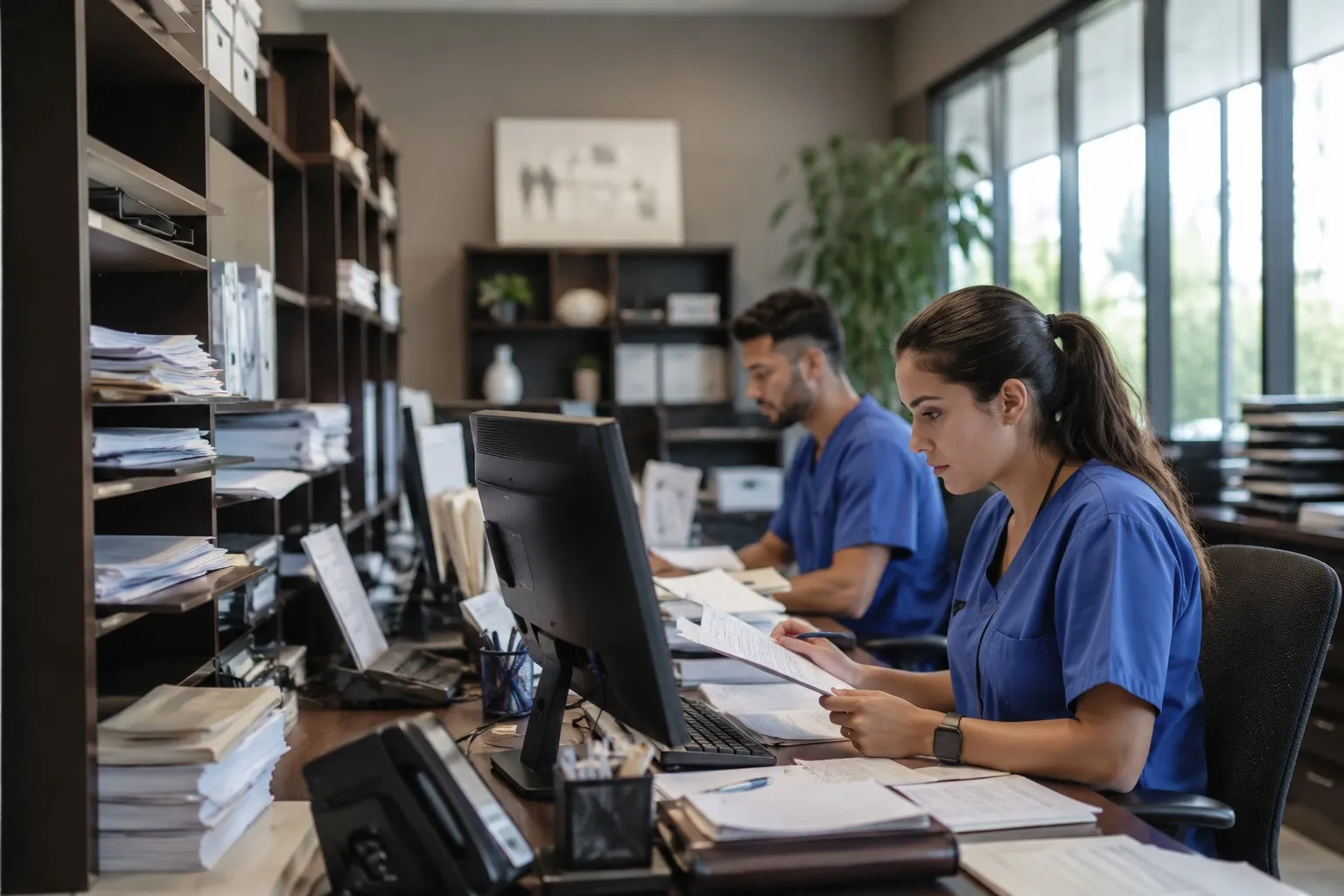 "Healthcare staff managing patient records and administrative workflows in a modern Texas personal injury clinic office."