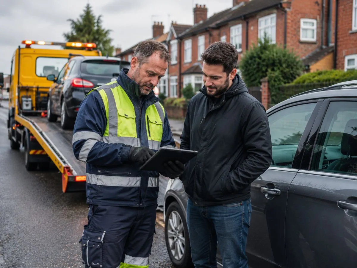 Breakdown recovery technician explaining vehicle recovery options to a customer beside a recovery truck in Dudley