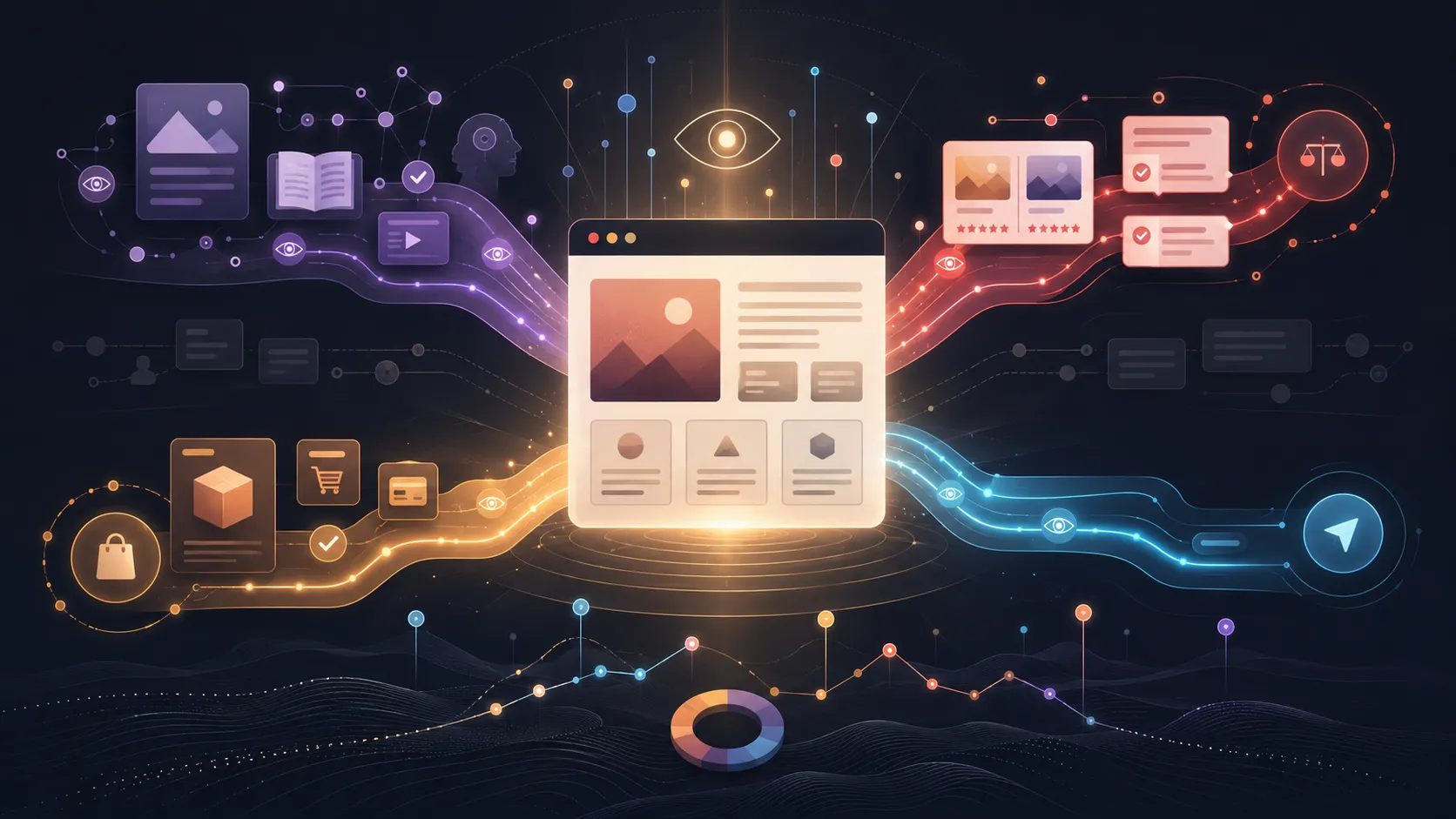 Abstract website dashboard connected to search intent signals, content formats, shopping actions, trust indicators, and analytics pathways representing their impact on organic impressions.