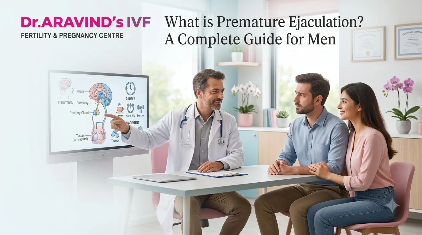 Doctor counselling a young couple about male reproductive health and treatment options in a modern fertility clinic.