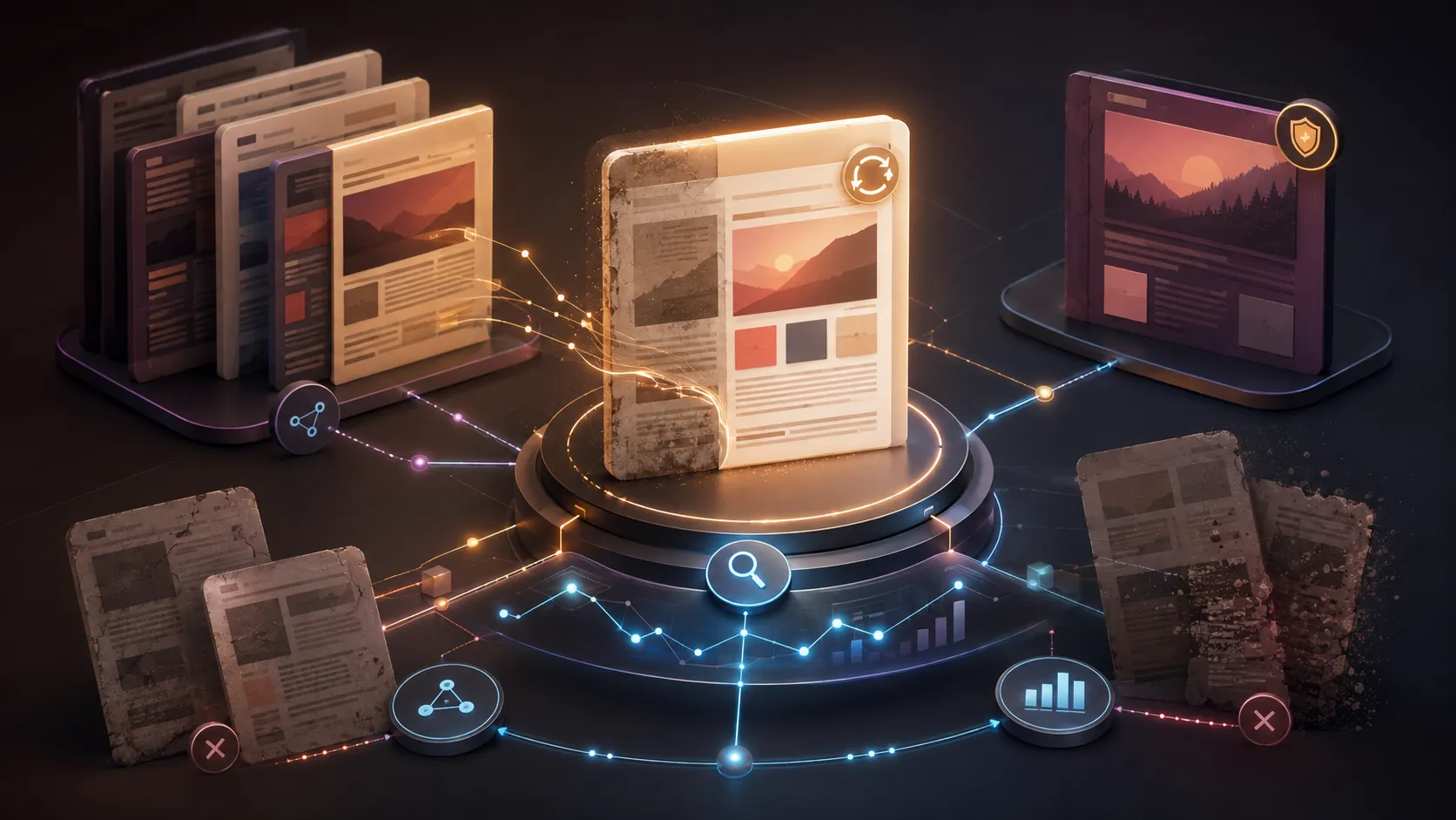Editorial illustration of aging webpage cards being reviewed, refreshed, consolidated, and reconnected to improve organic search performance.