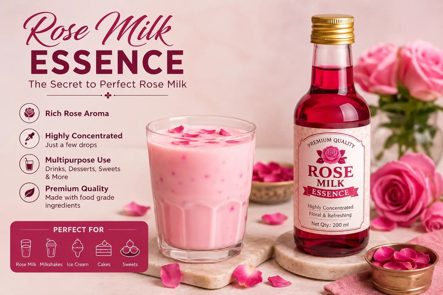 Rose Milk Essence for Falooda, Milkshakes & Desserts | Pettikadai