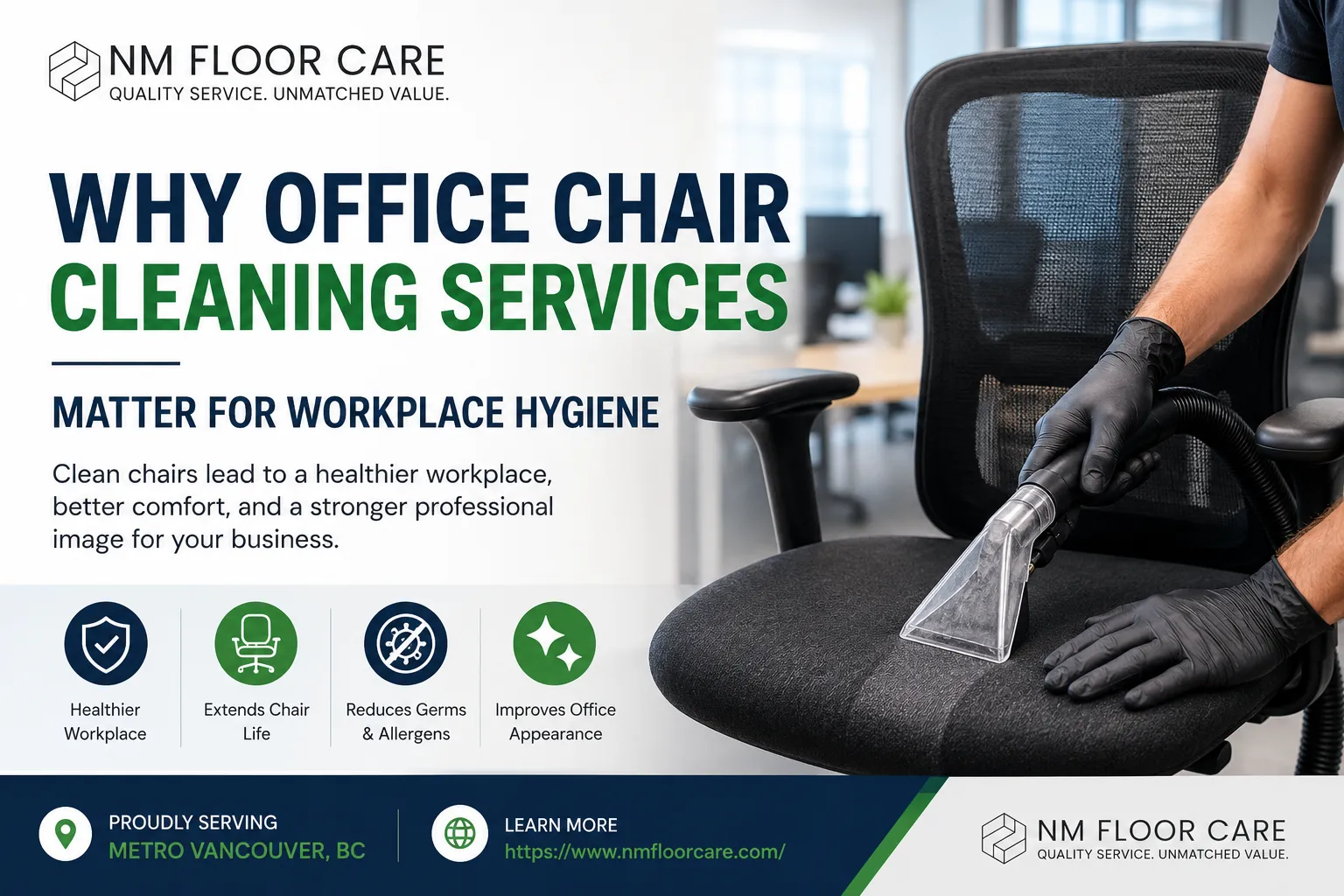 Professional office chair cleaning service in a modern Metro Vancouver office, showing deep upholstery cleaning to improve workplace hygiene, remove allergens, and maintain office furniture.