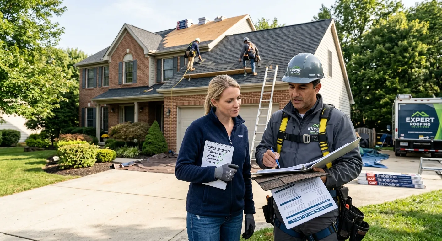 A confident female homeowner standing outside her house holding a checklist titled 'Roofing Homework' while reviewing a contract with a professional roofing contractor, as roofers work safely in the background.
