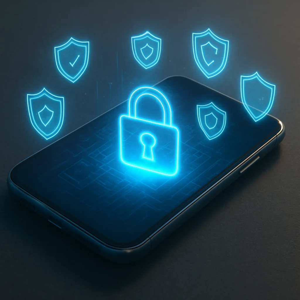 A futuristic smartphone displaying a glowing padlock and holographic security shields