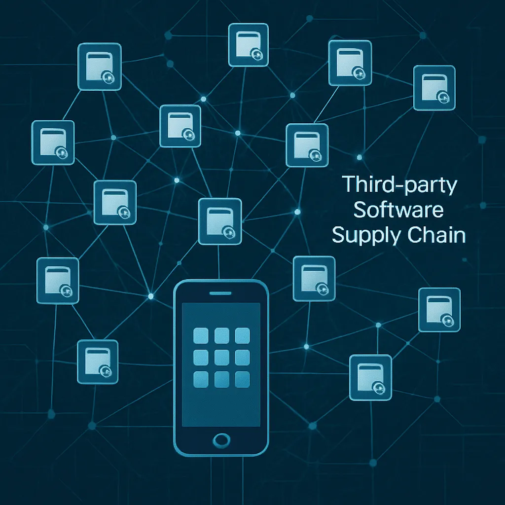A complex digital network representing third-party software supply chains connecting to a mobile application