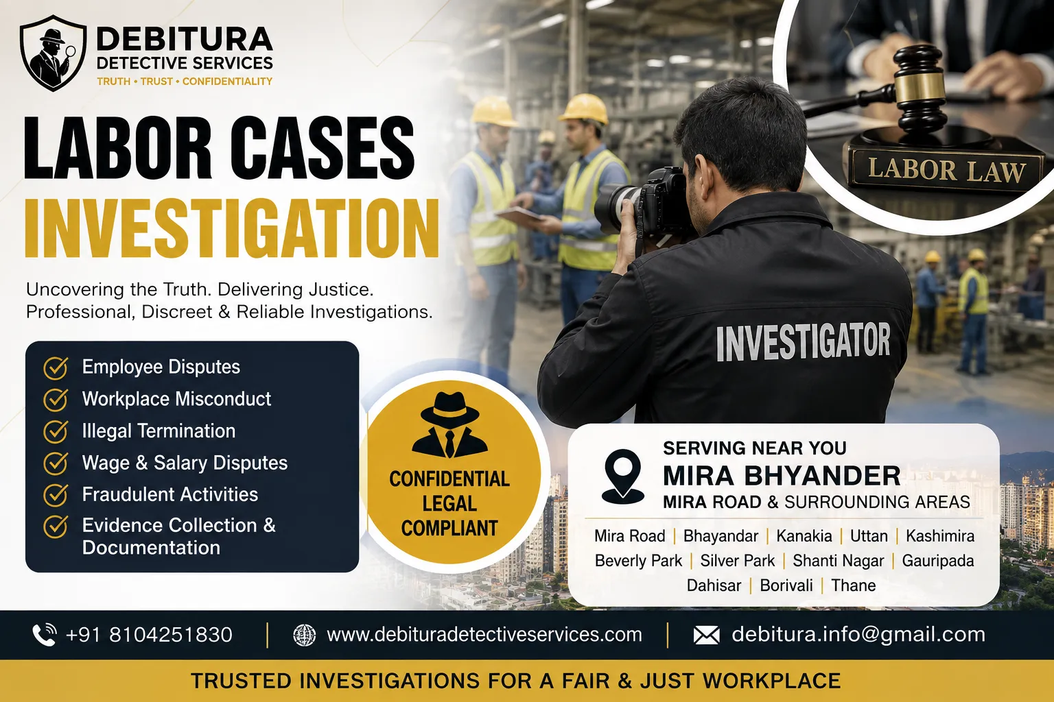 In today's competitive business environment, labor-related disputes and workplace misconduct have become increasingly common. Organizations must protect their employees, business reputation, and legal interests through professional investigation services. Debitura Detective Services provides trusted