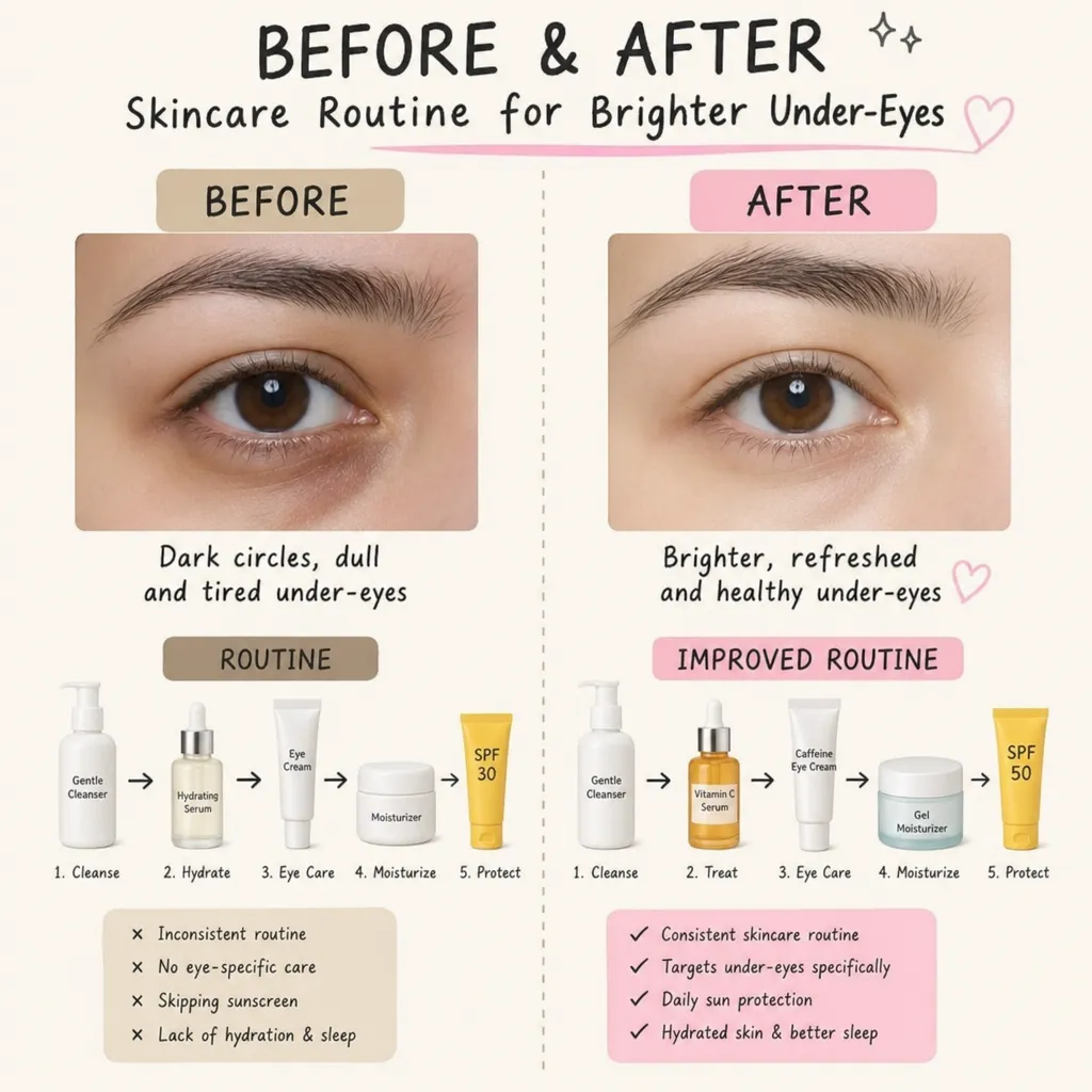 before and after style skincare routine setup for brighter under-eyes