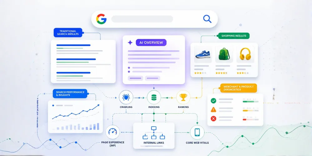Dashboard displaying google search console features