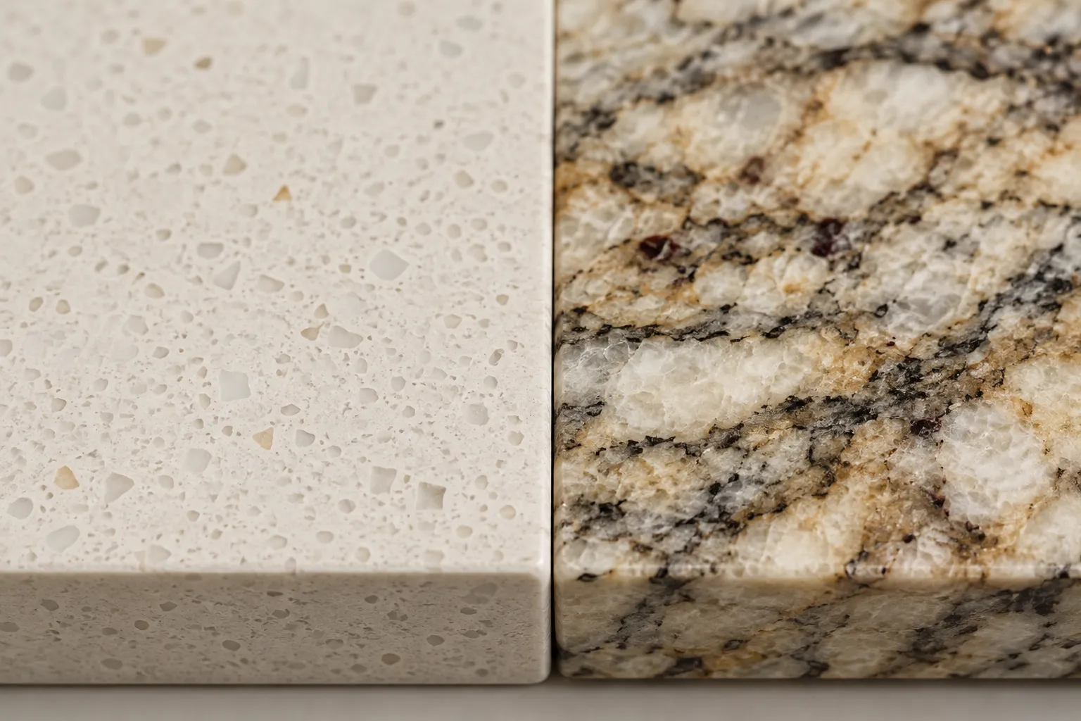 Close up comparison of quartz and granite countertop material texture