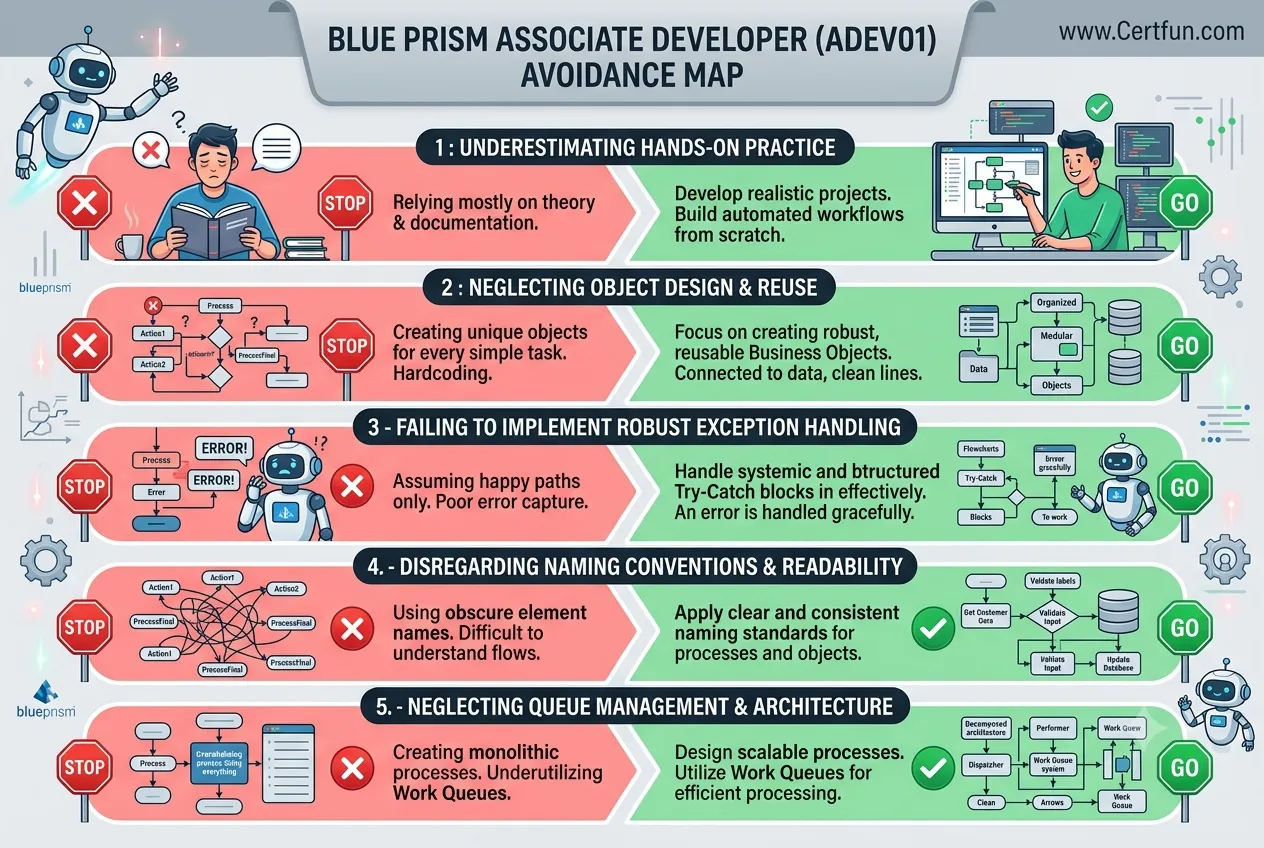 An infographic visually outlining common mistakes to avoid when preparing for the Blue Prism ADEV01 exam, with clear distinctions between pitfalls and corrective actions.