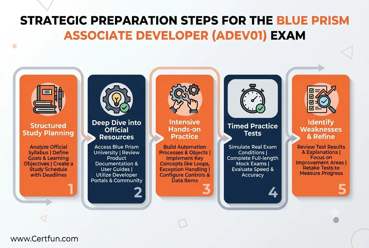 A linear infographic illustrating a strategic, step-by-step preparation path to successfully conquer the Blue Prism ADEV01 exam, including study, practice, and timed tests.