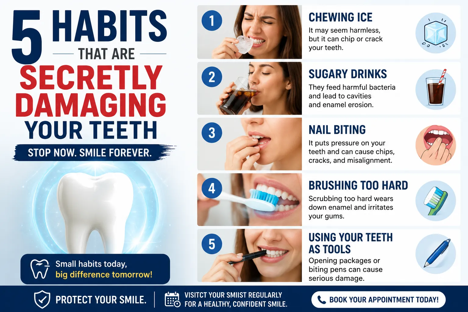 "5 Habits That Are Secretly Damaging Your Teeth" – Listicle format, strong shareability.