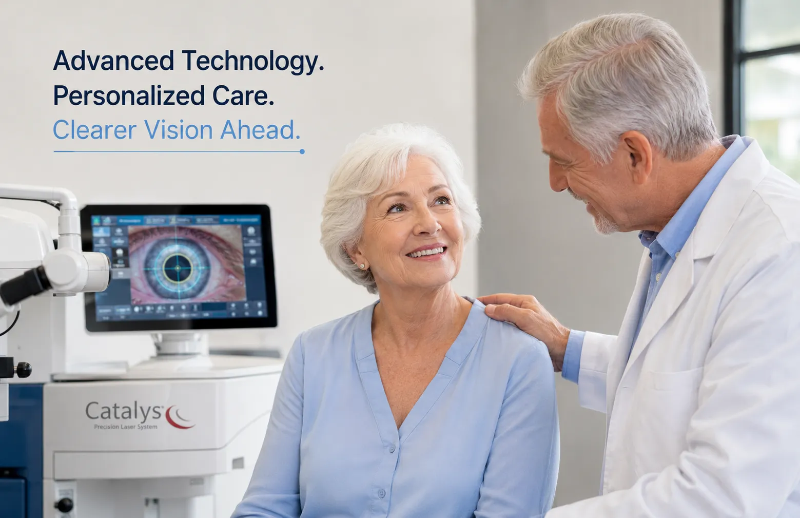 Older adult woman consulting an eye doctor about laser cataract surgery using advanced eye care technology