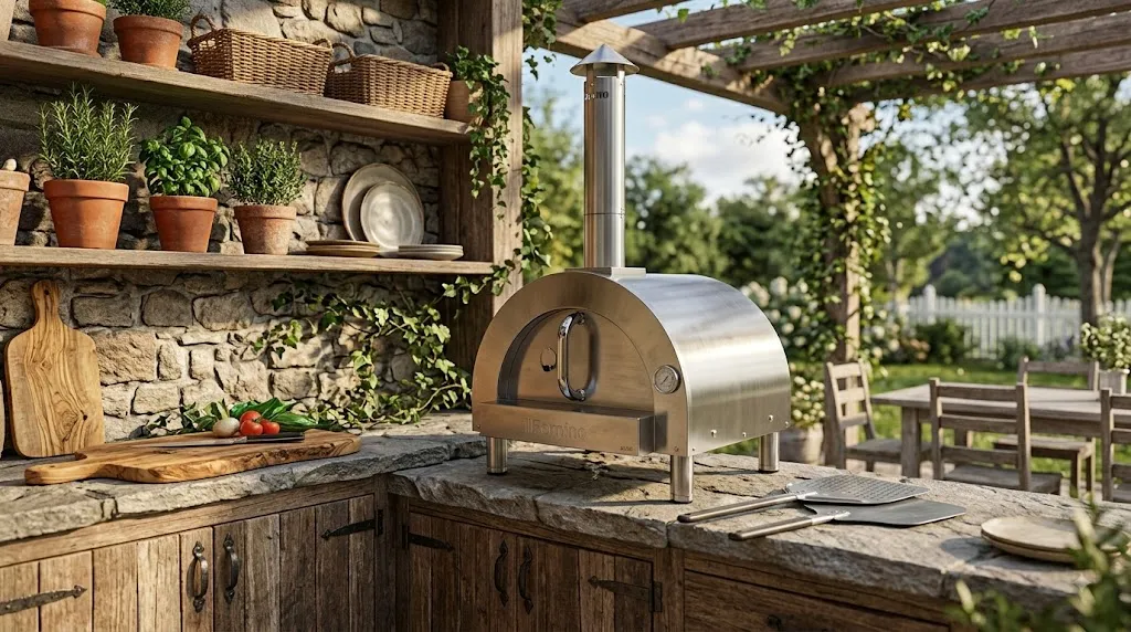 Rustic outdoor kitchen with an ilFornino pizza oven, natural stone, wood accents, herbs, and greenery