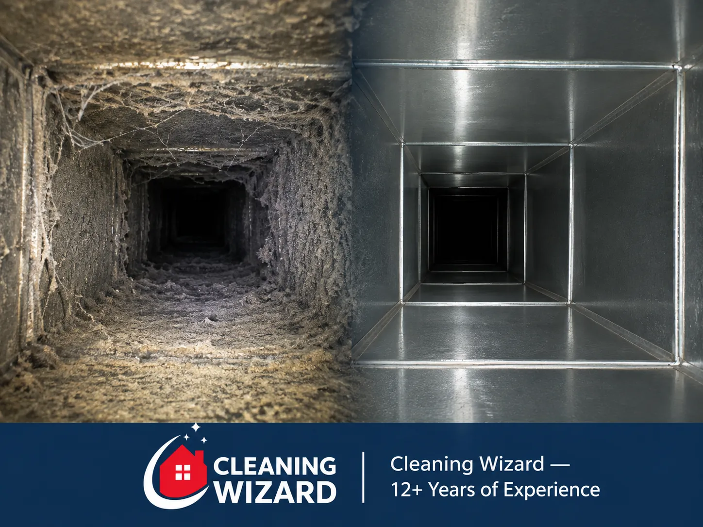 Before and after air duct cleaning comparison showing dust removal by Cleaning Wizard technicians