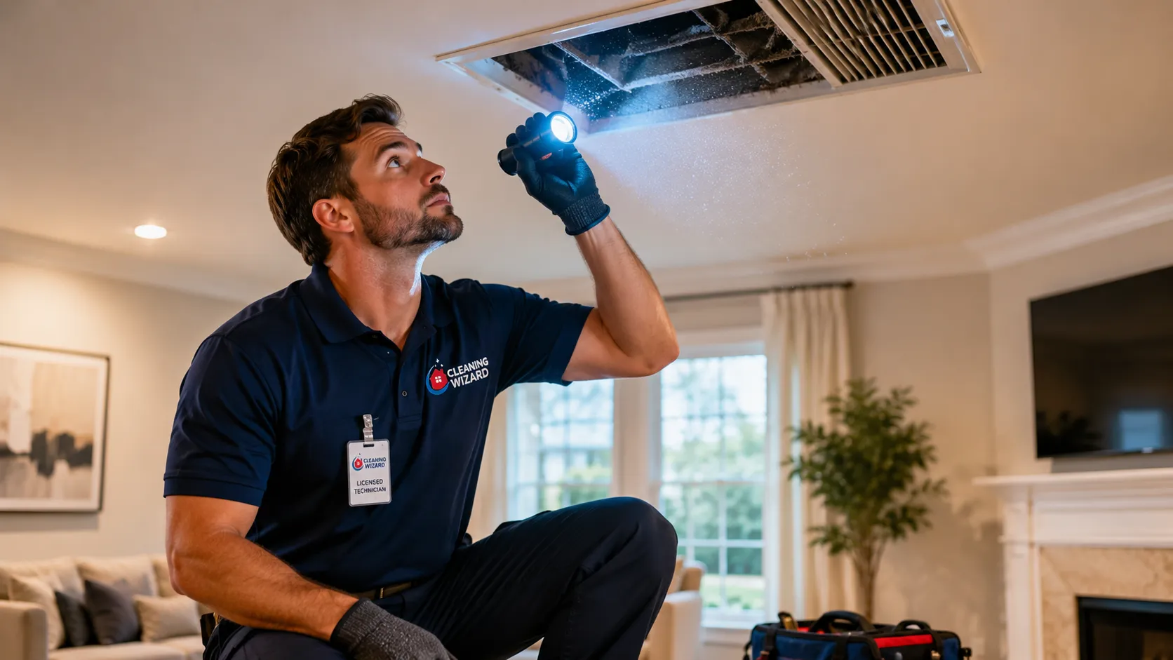Licensed Cleaning Wizard technician inspecting residential air duct vent for mold and dust buildup with flashlight