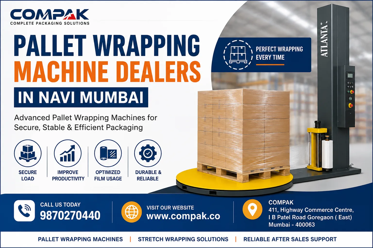 Pallet Wrapping Machine Dealers in Navi Mumbai – Reliable Packaging Solutions by Compak