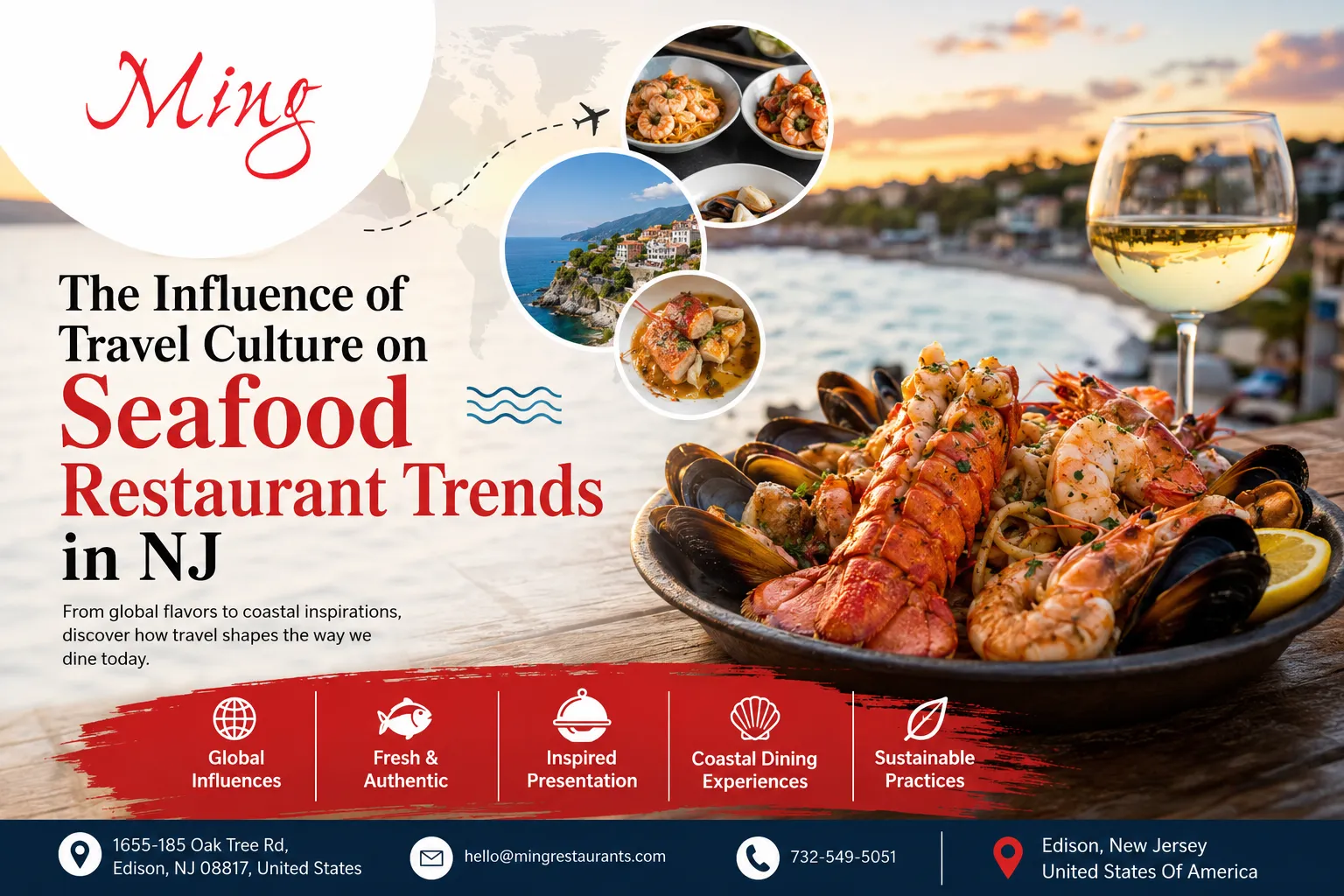 Ming Restaurant seafood dining experience in Edison, NJ, showcasing travel-inspired seafood trends, global flavors, fresh ingredients, coastal dining, and sustainable seafood practices.