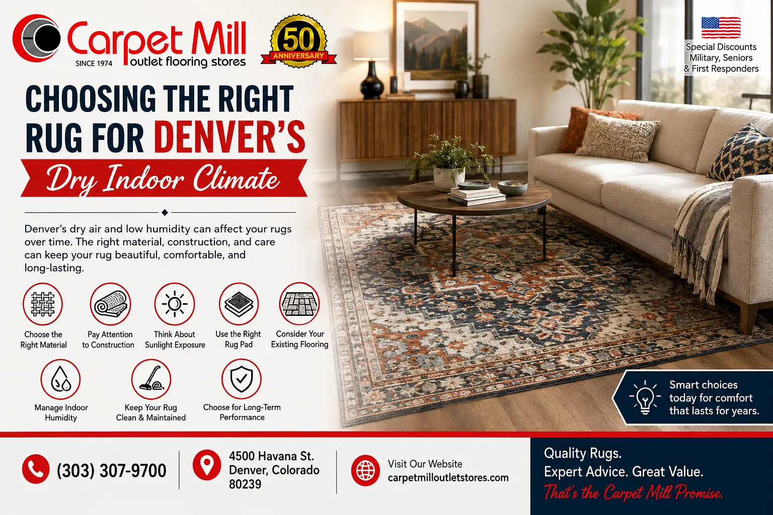 Carpet Mill Outlet Stores Denver rugs guide for choosing the right rug for Denver’s dry indoor climate, featuring a cozy living room and rug selection tips.