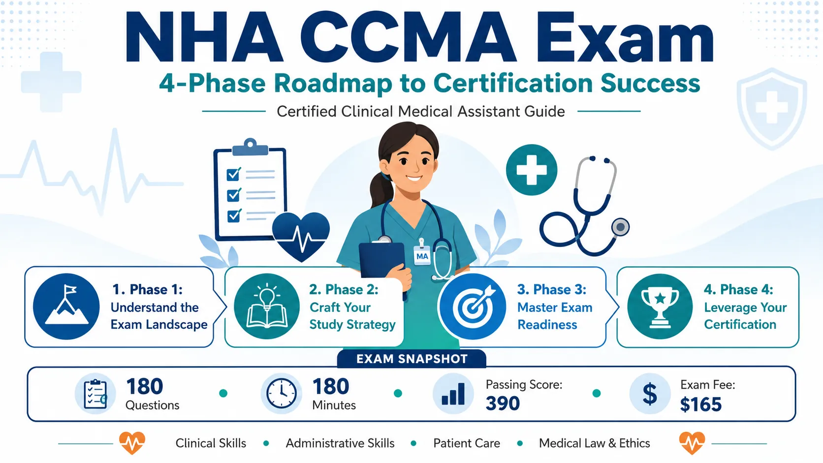 NHA CCMA exam roadmap infographic showing four certification phases, exam facts, medical assistant, and key skills guide