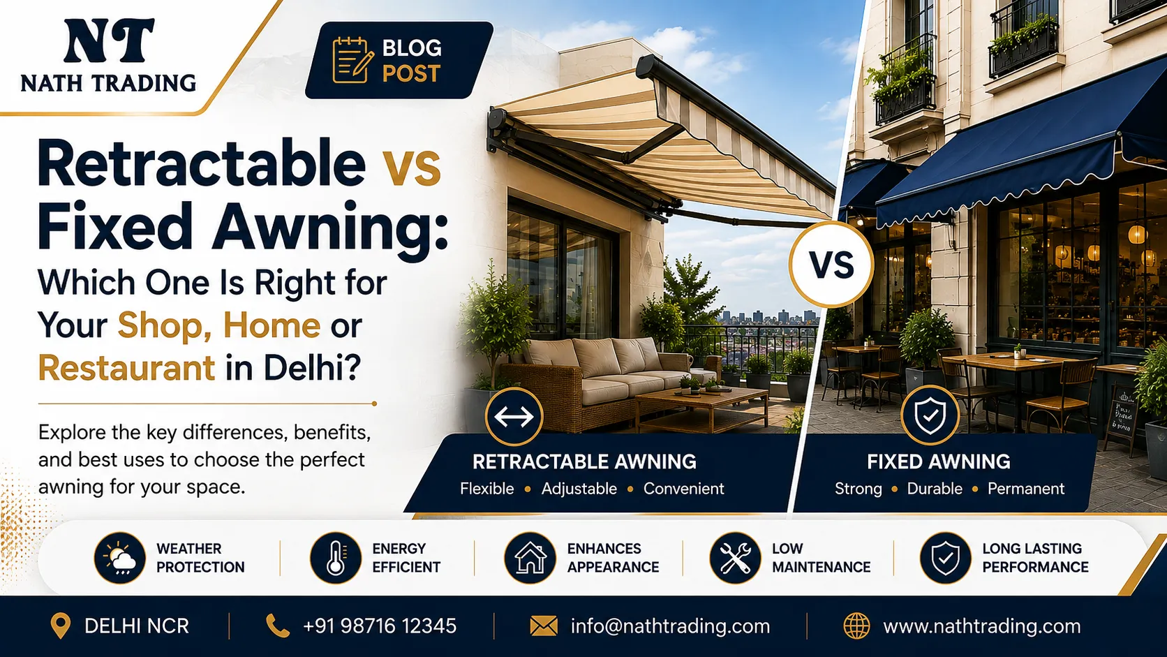 Retractable vs Fixed Awning: Which One Is Right for Your Shop, Home or Restaurant in Delhi?