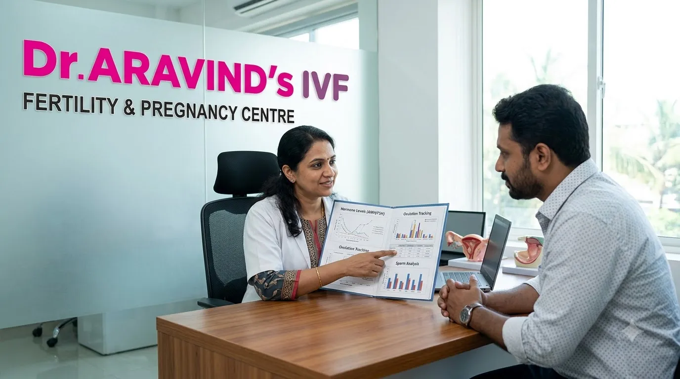 Doctor discussing male infertility causes, warning signs, and fertility care with a male patient
