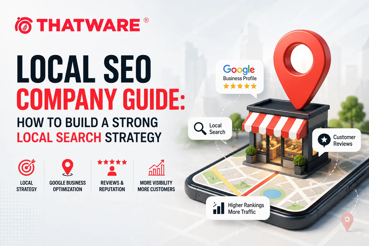 Local SEO company guide featuring the Thatware logo, a smartphone map with a storefront, Google Business Profile, customer reviews, local search, higher rankings, and increased traffic