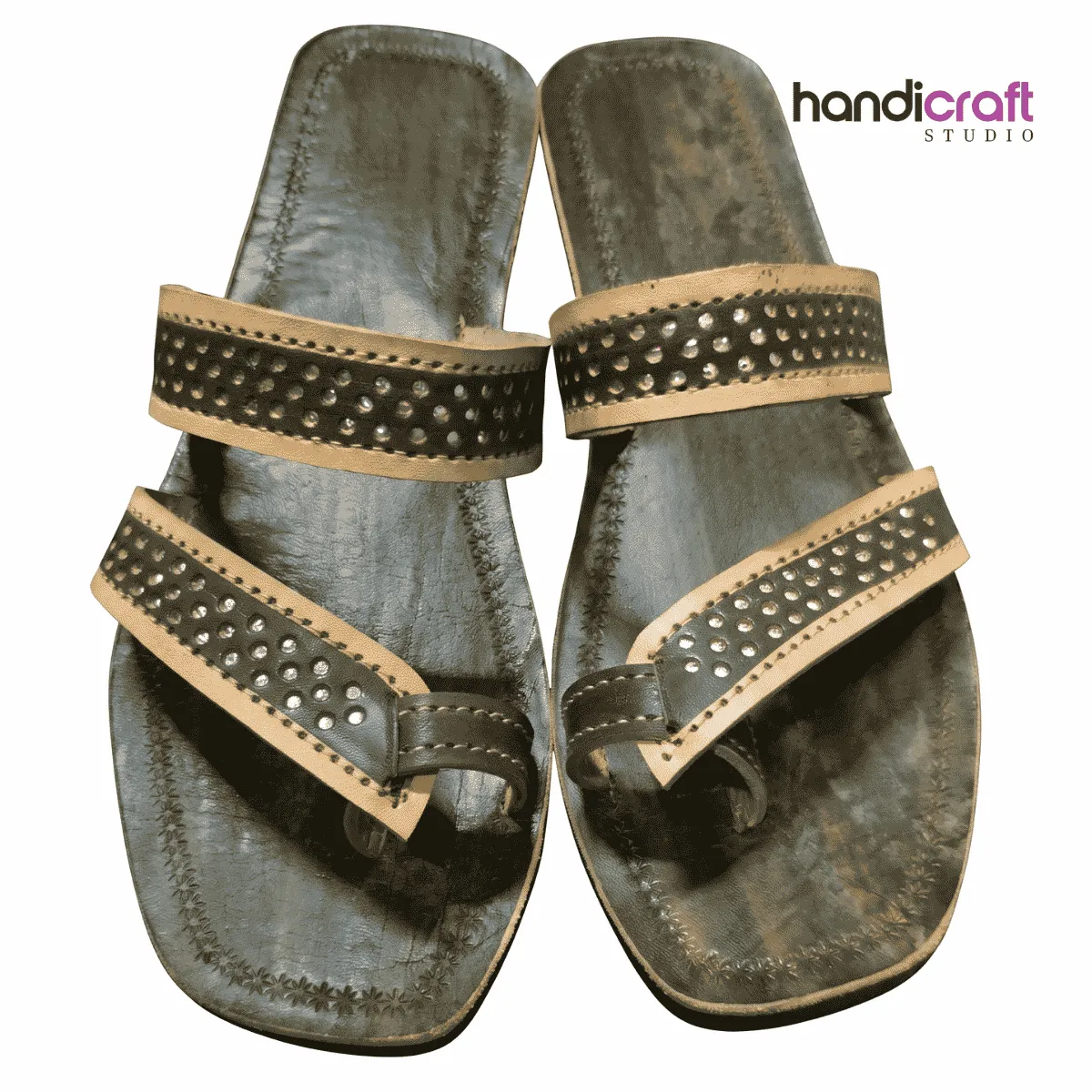 Stylish black genuine leather Chamba chappal for women with studded double straps and contrast border stitching.